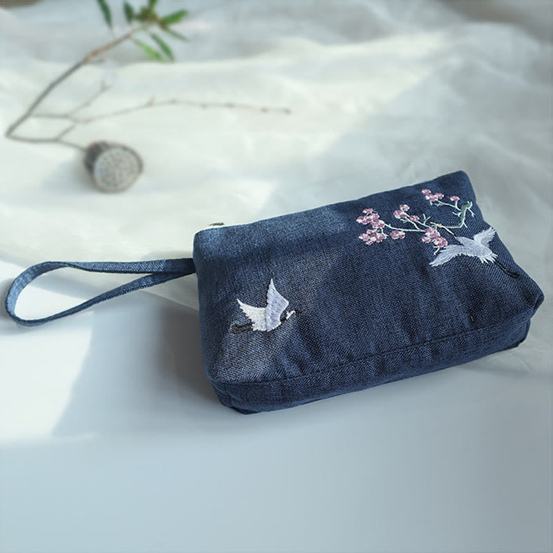 Buddha Stones Small Flower Plum Cherry Crane Peach Blossom Embroidery Canvas Wallet Shopping Purse - image 19