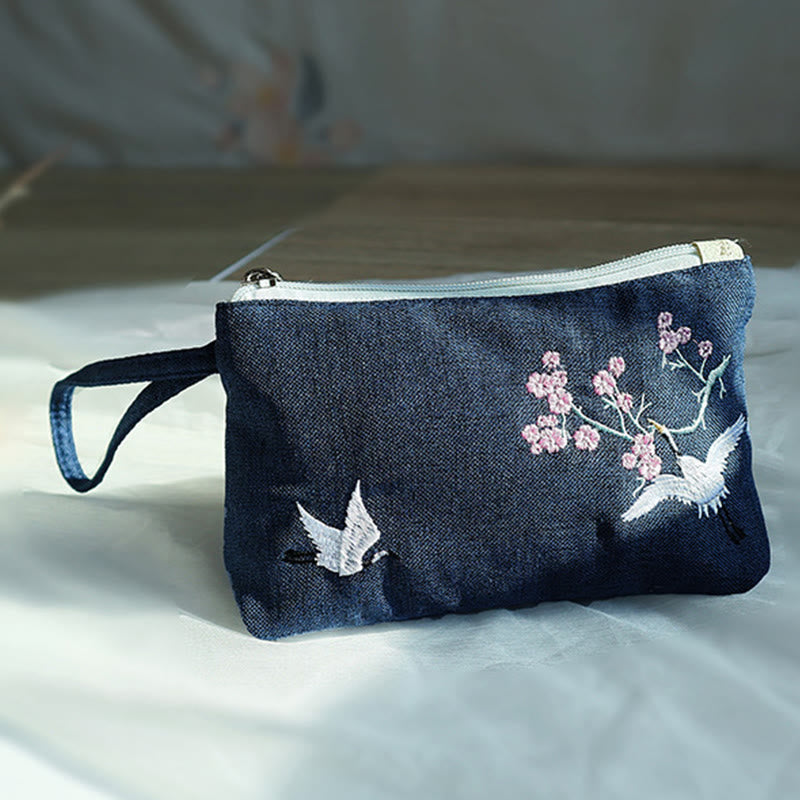 Buddha Stones Small Flower Plum Cherry Crane Peach Blossom Embroidery Canvas Wallet Shopping Purse - image 18