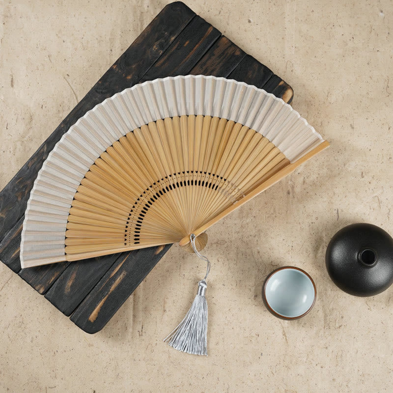 Buddha Stones Simple Cherry Flower Hollow Engraved Handheld Bamboo Folding Fan - Beige 22cm - image 2
