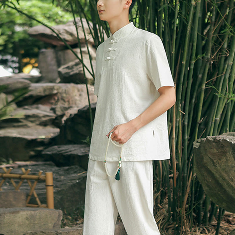 Buddha Stones 2Pcs Men's Short Sleeve Shirt Top T-Shirt Pants Meditation Zen Tai Chi Cotton Linen Clothing Set - image 1