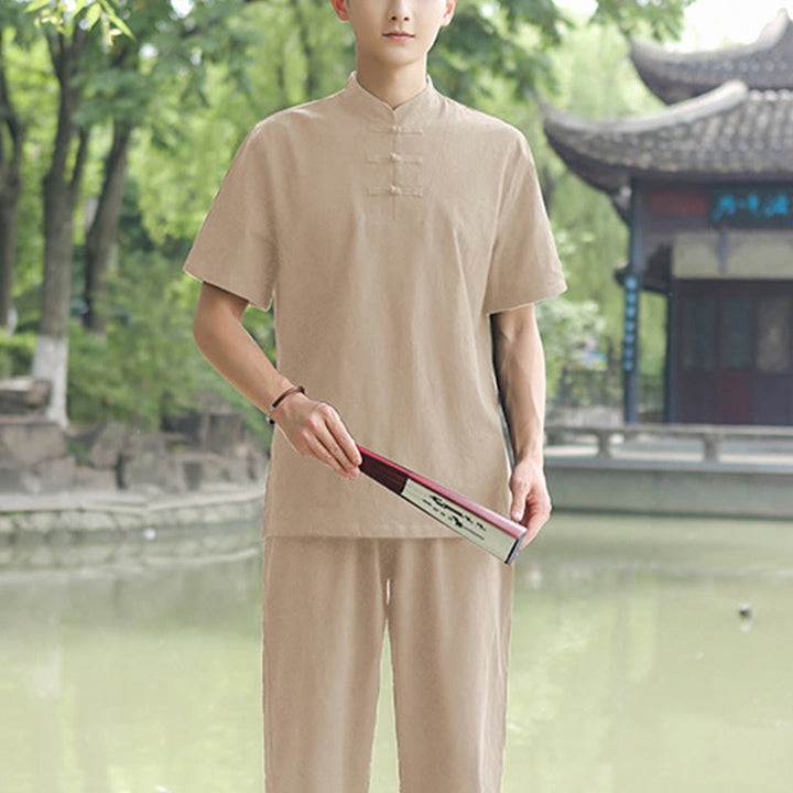 Buddha Stones 2Pcs Men's Short Sleeve Shirt Top T-Shirt Pants Meditation Zen Tai Chi Cotton Linen Clothing Set - Khaki(Top&Pants) - US/UK/AU48，EU58 (6XL) - image 7