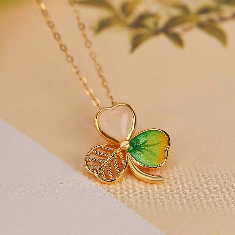 Buddha Stones 925 Sterling Silver Plated Gold Hetian Jade Luck Shamrock Clover Necklace Pendant Earrings - Necklace - image 1