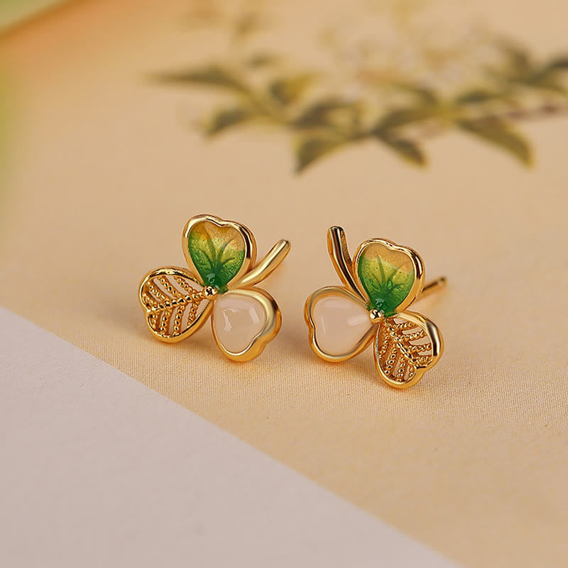 Buddha Stones 925 Sterling Silver Plated Gold Hetian Jade Luck Shamrock Clover Necklace Pendant Earrings - Earrings - image 4