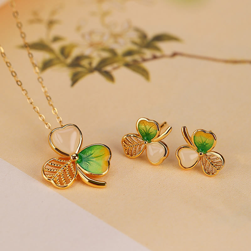 Buddha Stones 925 Sterling Silver Plated Gold Hetian Jade Luck Shamrock Clover Necklace Pendant Earrings - 2Pcs(Necklace&Earrings) - image 0