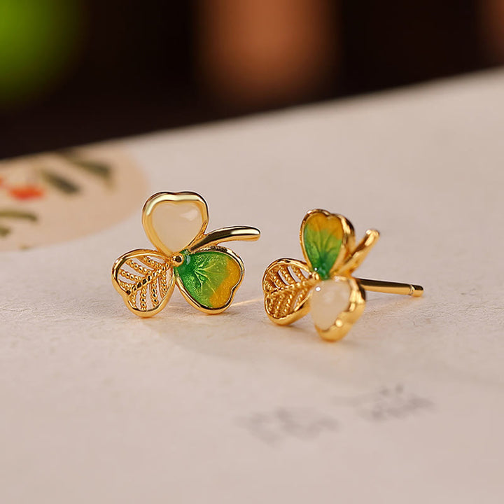 Buddha Stones 925 Sterling Silver Plated Gold Hetian Jade Luck Shamrock Clover Necklace Pendant Earrings - image 5
