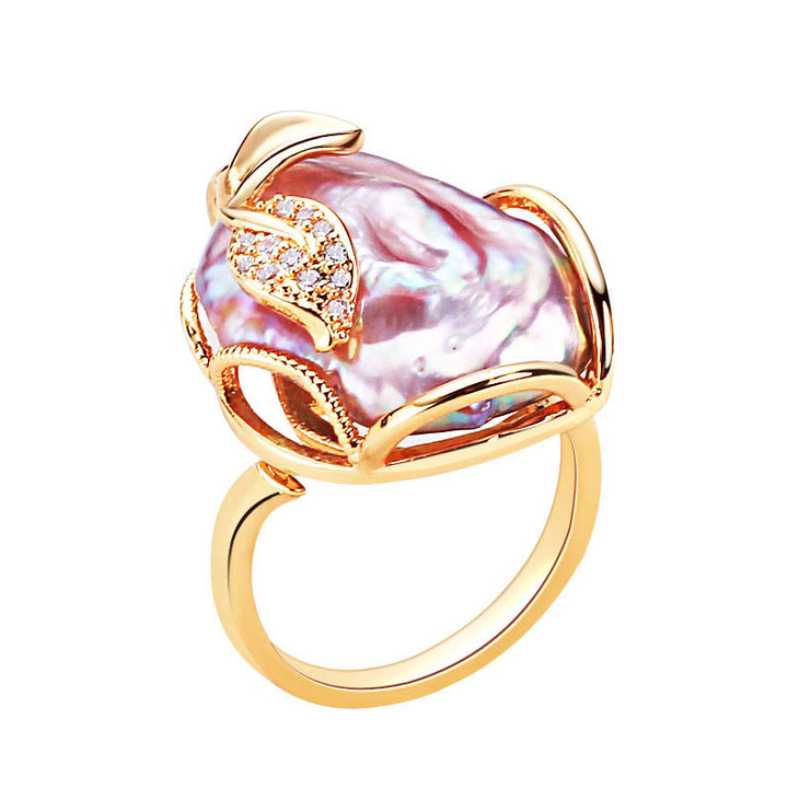 Buddha Stones Pearl Copper Plated Gold Flower Happiness Wealth Ring - image 6