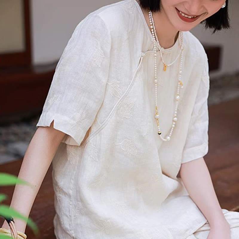 Buddha Stones Ramie Linen Loose Blouse Short Sleeve Shirt Chinese Style Top - image 1