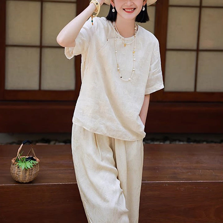 Buddha Stones Ramie Linen Loose Blouse Short Sleeve Shirt Chinese Style Top - image 14