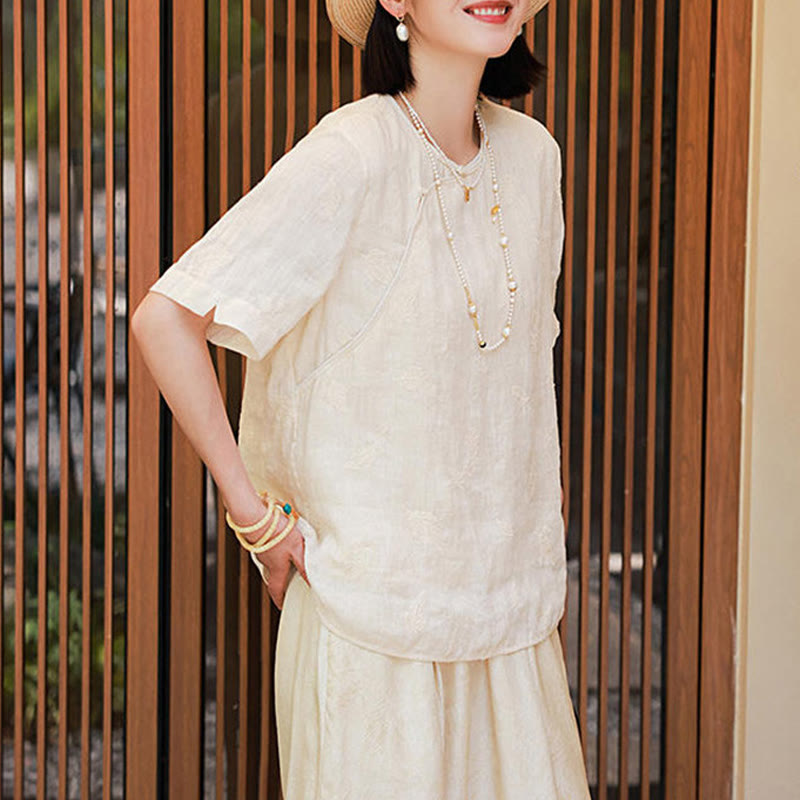 Buddha Stones Ramie Linen Loose Blouse Short Sleeve Shirt Chinese Style Top - L(Bust 109cm/Shoulder 42cm/Length 64cm)(Top Only) - image 0