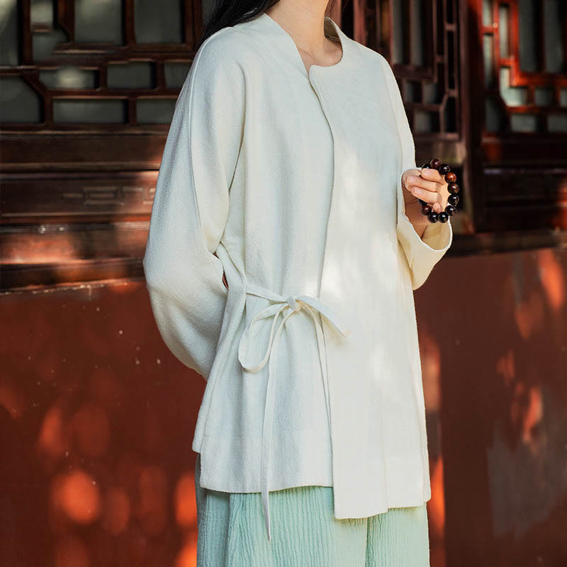Buddha Stones Long Sleeve Jacket Shirt Top Wide Leg Pants Zen Tai Chi Yoga Meditation Clothing - White(Top Only) - US8-10，UK/AU12-14，EU40-42 (XL) - image 0