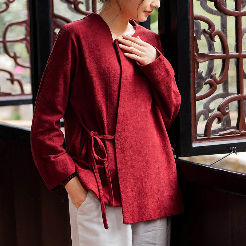 Buddha Stones Long Sleeve Jacket Shirt Top Wide Leg Pants Zen Tai Chi Yoga Meditation Clothing - Red(Top Only) - US8-10，UK/AU12-14，EU40-42 (XL) - image 8