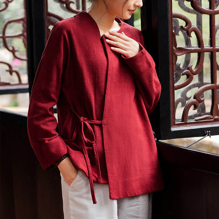 Buddha Stones Long Sleeve Jacket Shirt Top Wide Leg Pants Zen Tai Chi Yoga Meditation Clothing - Red(Top Only) - US8-10，UK/AU12-14，EU40-42 (XL) - image 8