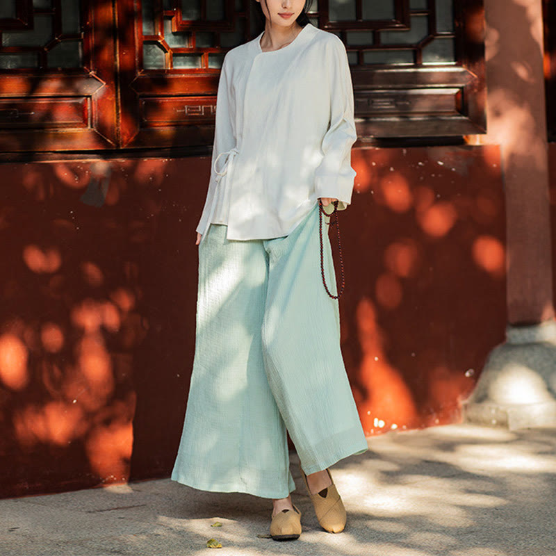 Buddha Stones Long Sleeve Jacket Shirt Top Wide Leg Pants Zen Tai Chi Yoga Meditation Clothing - White Top&Green Pants - US8-10，UK/AU12-14，EU40-42 (XL) - image 13