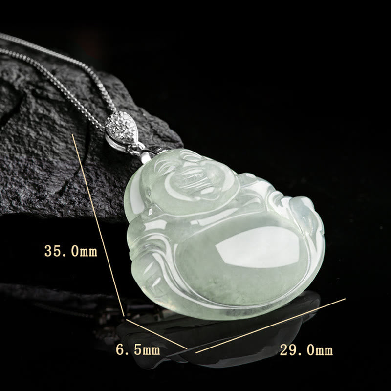 Buddha Stones Natural Jade Laughing Buddha Prosperity Abundance Titanium Steel Chain Necklace Pendant - image 9