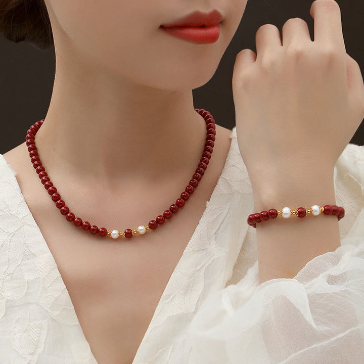 Buddha Stones 925 Sterling Silver Natural Cinnabar Pearl Blessing Necklace Pendant Bracelet Earrings Jewelry Set - image 6