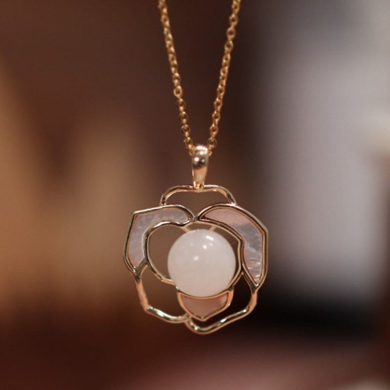 Buddha Stones 925 Sterling Silver Plated Gold Posts Hetian White Jade Tridacna Stone Camellia Flower Luck Necklace Pendant Ring Earrings - Necklace - image 2