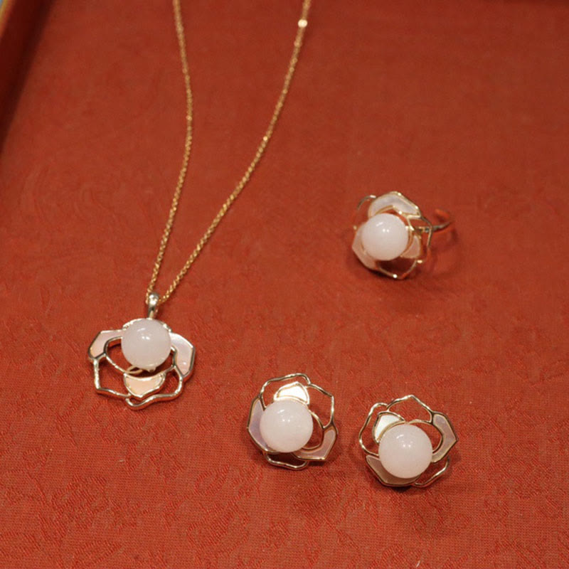 Buddha Stones 925 Sterling Silver Plated Gold Posts Hetian White Jade Tridacna Stone Camellia Flower Luck Necklace Pendant Ring Earrings - 3Pcs(Necklace&Ring&Earrings Set) - image 0