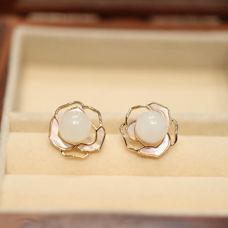 Buddha Stones 925 Sterling Silver Plated Gold Posts Hetian White Jade Tridacna Stone Camellia Flower Luck Necklace Pendant Ring Earrings - Earrings - image 5