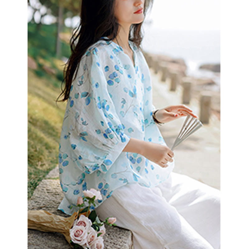 Buddha Stones Fruits Leaves Pattern Lantern Sleeve Top Loose Tee T-shirt - image 6