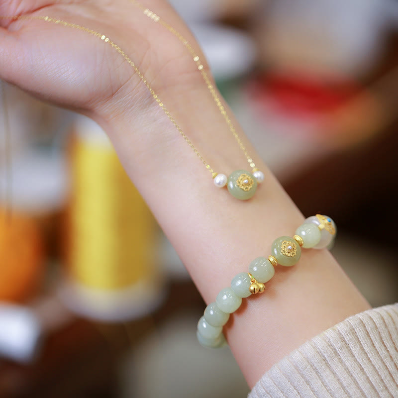 Buddha Stones 925 Sterling Silver Plated Gold Natural Hetian Jade Luck Necklace Pendant Bracelet Set - 2Pcs(Necklace&Bracelet) - image 0