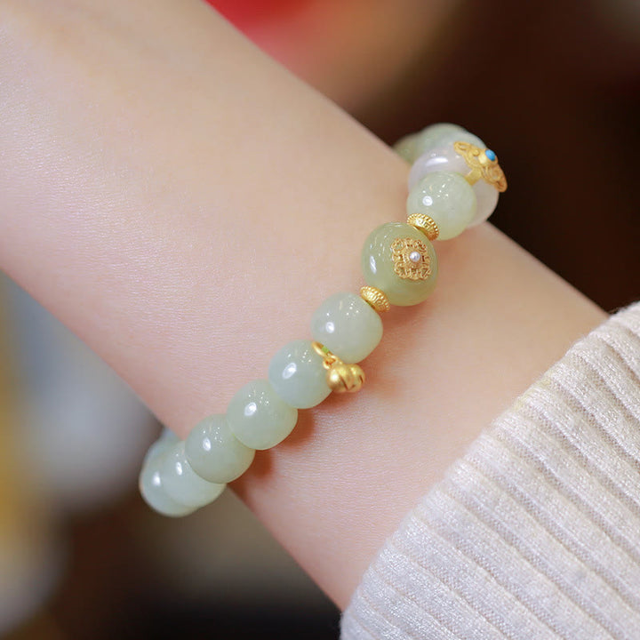 Buddha Stones 925 Sterling Silver Plated Gold Natural Hetian Jade Luck Necklace Pendant Bracelet Set - Bracelet(Wrist Circumference 14-16cm) - image 2
