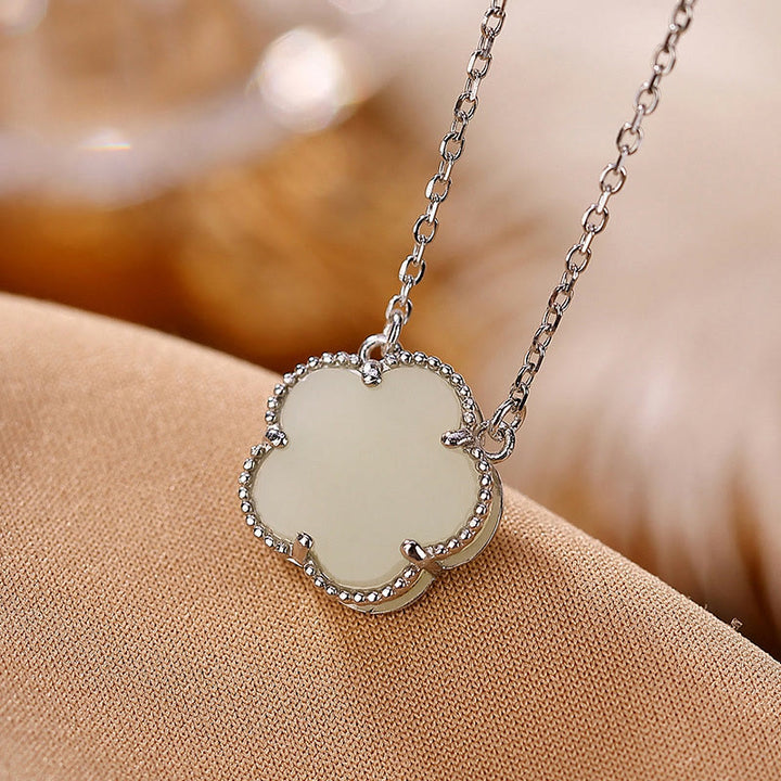 Buddha Stones 925 Sterling Silver Plated Gold Natural Hetian Jade Flower Luck Necklace Pendant Ring Set - Silver Necklace - image 14