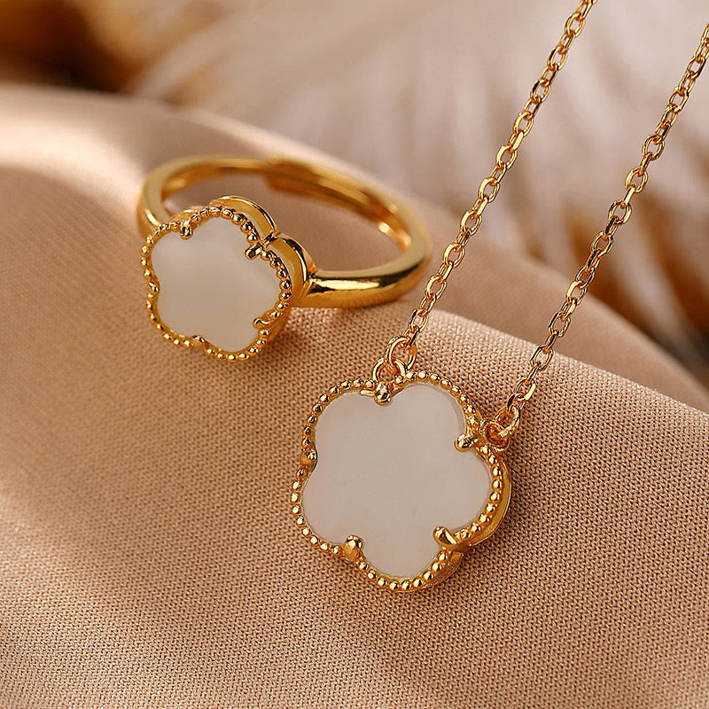 Buddha Stones 925 Sterling Silver Plated Gold Natural Hetian Jade Flower Luck Necklace Pendant Ring Set - 2Pcs Gold(Necklace&Ring) - image 1