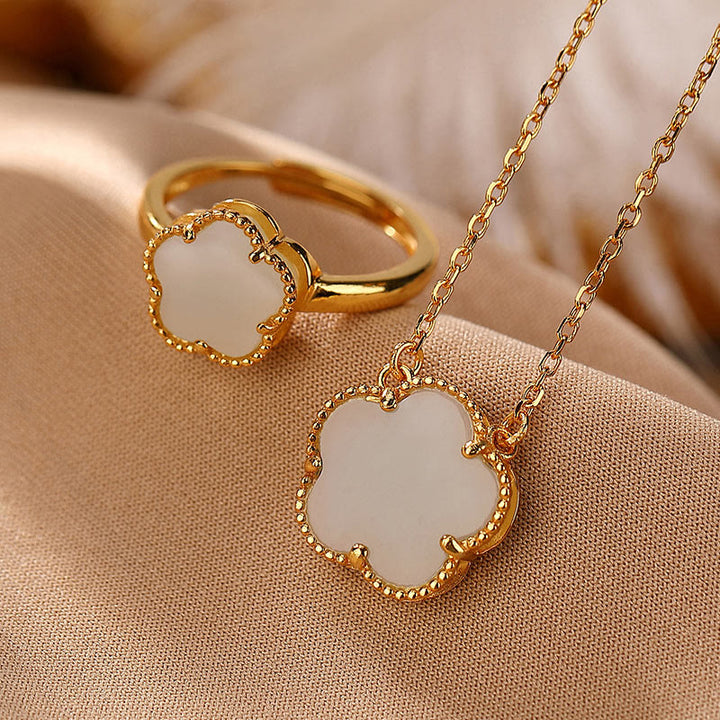 Buddha Stones 925 Sterling Silver Plated Gold Natural Hetian Jade Flower Luck Necklace Pendant Ring Set - 2Pcs Gold(Necklace&Ring) - image 1