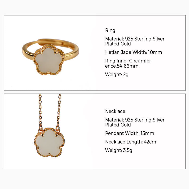Buddha Stones 925 Sterling Silver Plated Gold Natural Hetian Jade Flower Luck Necklace Pendant Ring Set - image 2