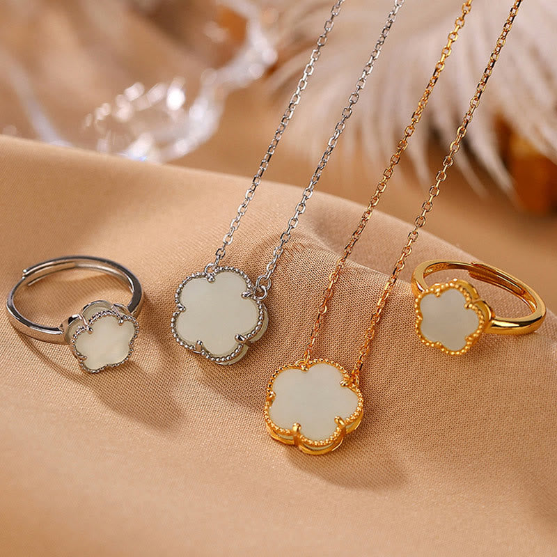 Buddha Stones 925 Sterling Silver Plated Gold Natural Hetian Jade Flower Luck Necklace Pendant Ring Set - image 0