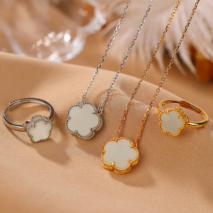 Buddha Stones 925 Sterling Silver Plated Gold Natural Hetian Jade Flower Luck Necklace Pendant Ring Set - image 0