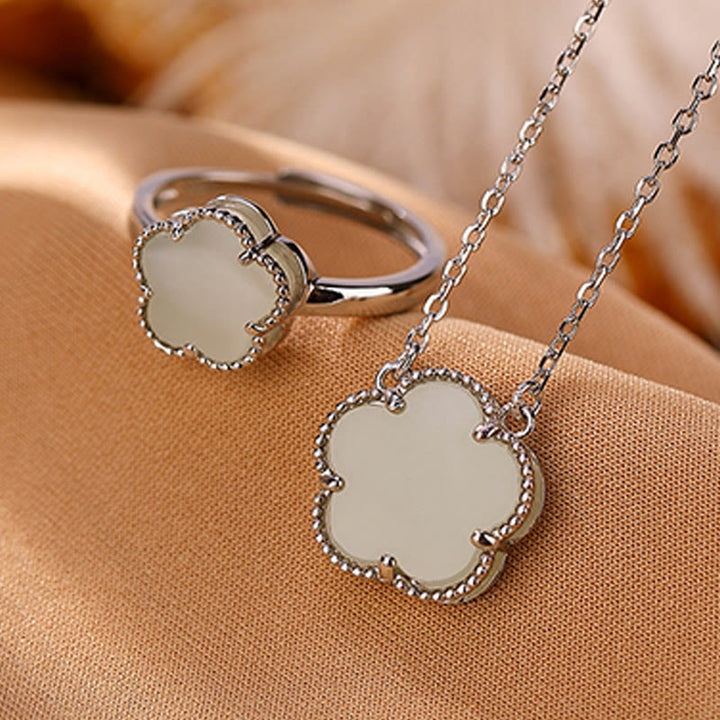 Buddha Stones 925 Sterling Silver Plated Gold Natural Hetian Jade Flower Luck Necklace Pendant Ring Set - 2Pcs Silver(Necklace&Ring) - image 3