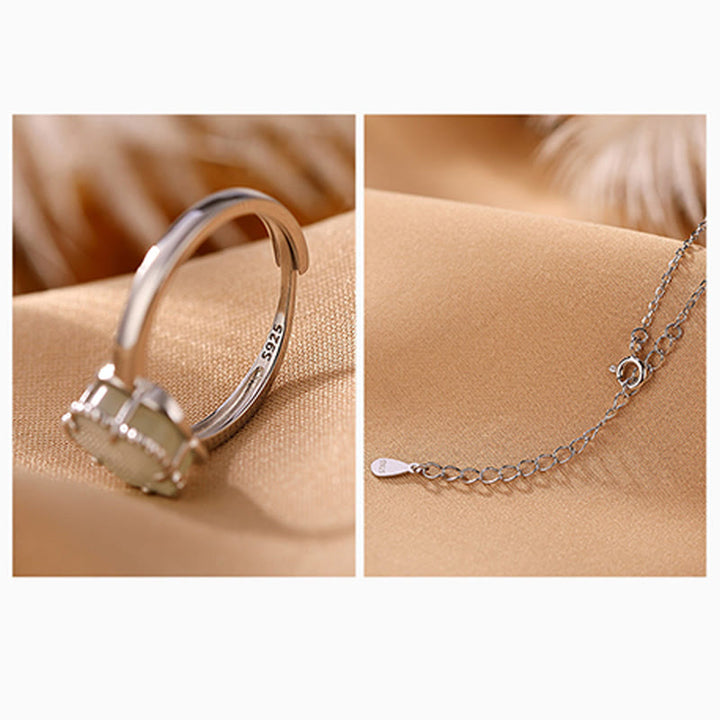 Buddha Stones 925 Sterling Silver Plated Gold Natural Hetian Jade Flower Luck Necklace Pendant Ring Set - image 9