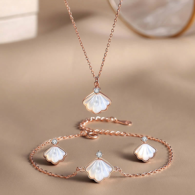 Buddha Stones 925 Sterling Silver Tridacna Stone Shell Blessing Necklace Pendant Bracelet Earrings Jewelry Set - Rose Gold - 3Pcs(Necklace Bracelet&Earrings) - image 0