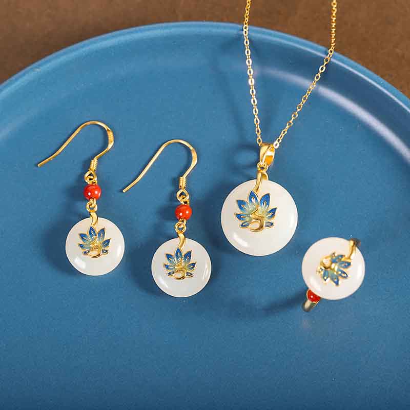 Buddha Stones 925 Sterling Silver Natural Hetian White Jade Peacock Blessing Necklace Pendant Ring Earrings Set - image 1