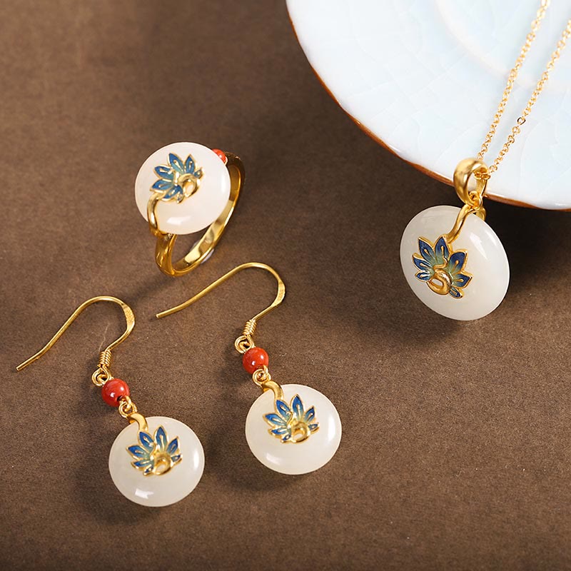 Buddha Stones 925 Sterling Silver Natural Hetian White Jade Peacock Blessing Necklace Pendant Ring Earrings Set - 3Pcs(Necklace&Ring&Earrings) - image 0