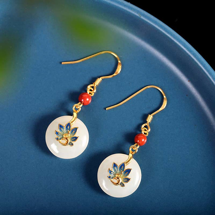 Buddha Stones 925 Sterling Silver Natural Hetian White Jade Peacock Blessing Necklace Pendant Ring Earrings Set - Earrings - image 10
