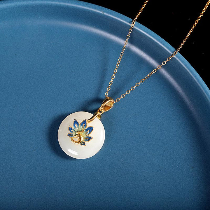 Buddha Stones 925 Sterling Silver Natural Hetian White Jade Peacock Blessing Necklace Pendant Ring Earrings Set - Necklace - image 2