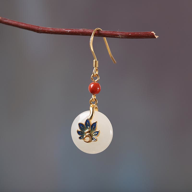 Buddha Stones 925 Sterling Silver Natural Hetian White Jade Peacock Blessing Necklace Pendant Ring Earrings Set - image 12