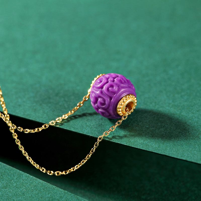Buddha Stones 925 Sterling Silver Plated Gold Natural Purple Mica Stone Relief Bead Positive Necklace Pendant Bracelet Set - image 3