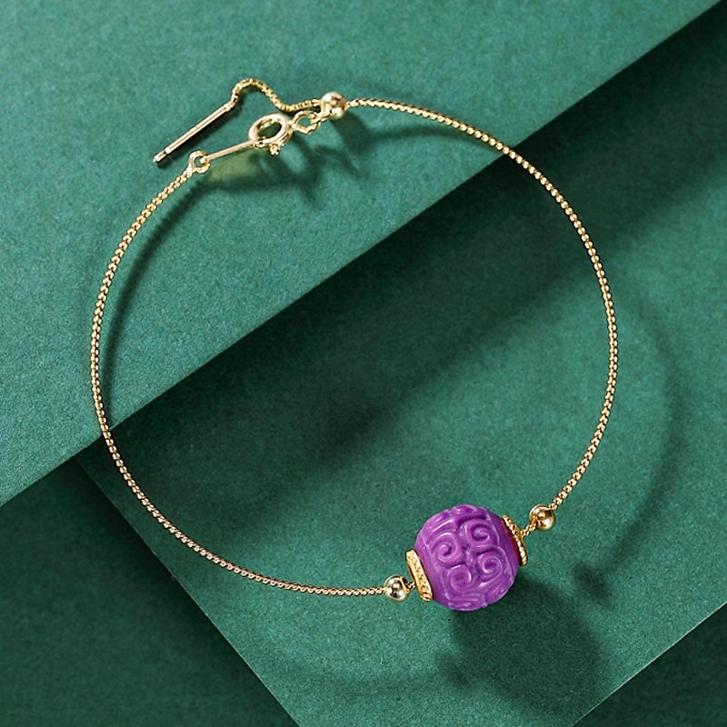 Buddha Stones 925 Sterling Silver Plated Gold Natural Purple Mica Stone Relief Bead Positive Necklace Pendant Bracelet Set - Bracelet(Wrist Circumference 14-16cm) - image 8