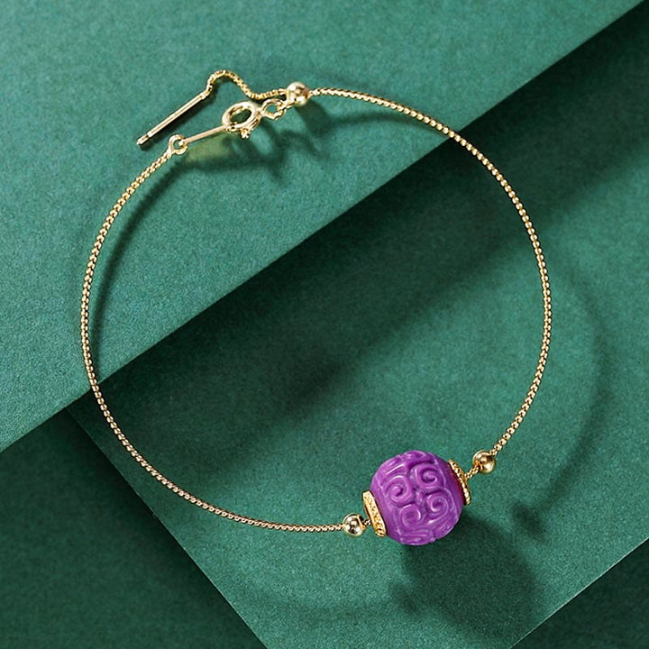 Buddha Stones 925 Sterling Silver Plated Gold Natural Purple Mica Stone Relief Bead Positive Necklace Pendant Bracelet Set - Bracelet(Wrist Circumference 14-16cm) - image 8