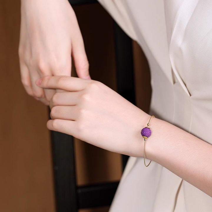 Buddha Stones 925 Sterling Silver Plated Gold Natural Purple Mica Stone Relief Bead Positive Necklace Pendant Bracelet Set - image 9