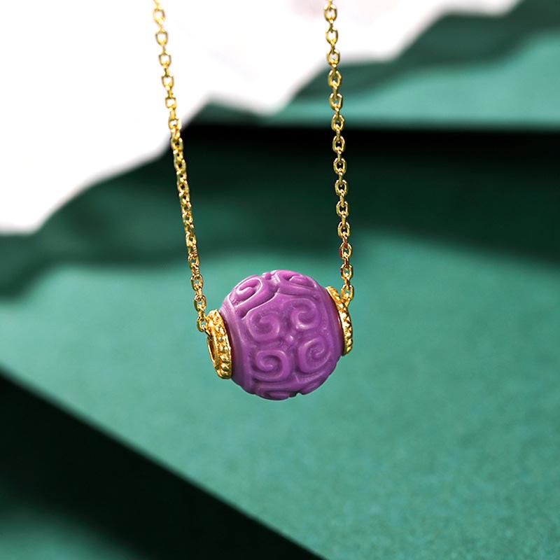 Buddha Stones 925 Sterling Silver Plated Gold Natural Purple Mica Stone Relief Bead Positive Necklace Pendant Bracelet Set - Necklace - image 1