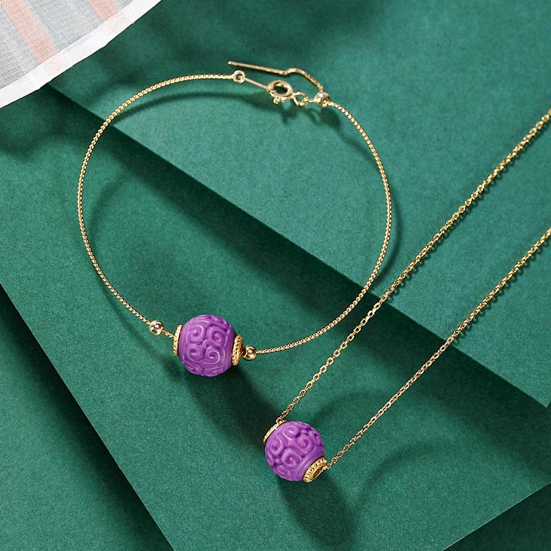 Buddha Stones 925 Sterling Silver Plated Gold Natural Purple Mica Stone Relief Bead Positive Necklace Pendant Bracelet Set - 2Pcs(Necklace&Bracelet) - image 0
