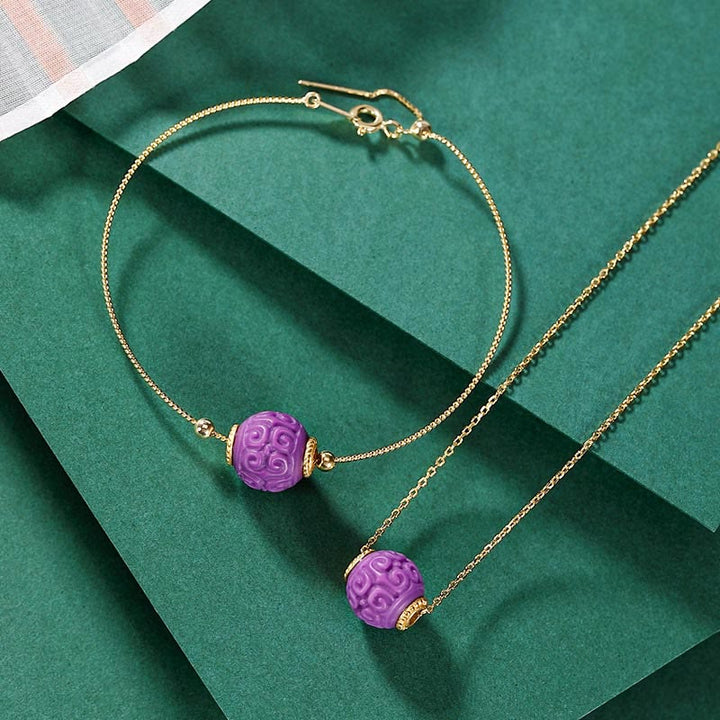 Buddha Stones 925 Sterling Silver Plated Gold Natural Purple Mica Stone Relief Bead Positive Necklace Pendant Bracelet Set - 2Pcs(Necklace&Bracelet) - image 0