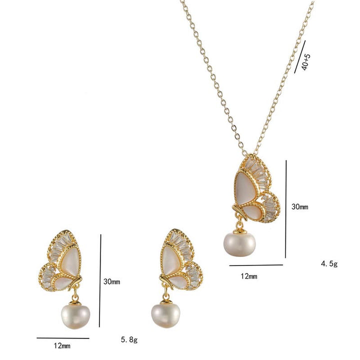 Buddha Stones Tridacna Stone Pearl Bead Butterfly Healing Necklace Pendant Earrings Set - image 3