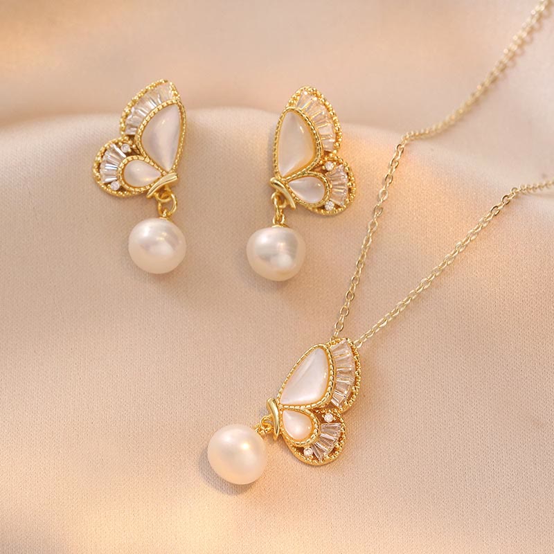 Buddha Stones Tridacna Stone Pearl Bead Butterfly Healing Necklace Pendant Earrings Set - 2Pcs(Necklace&Earrings) - image 0