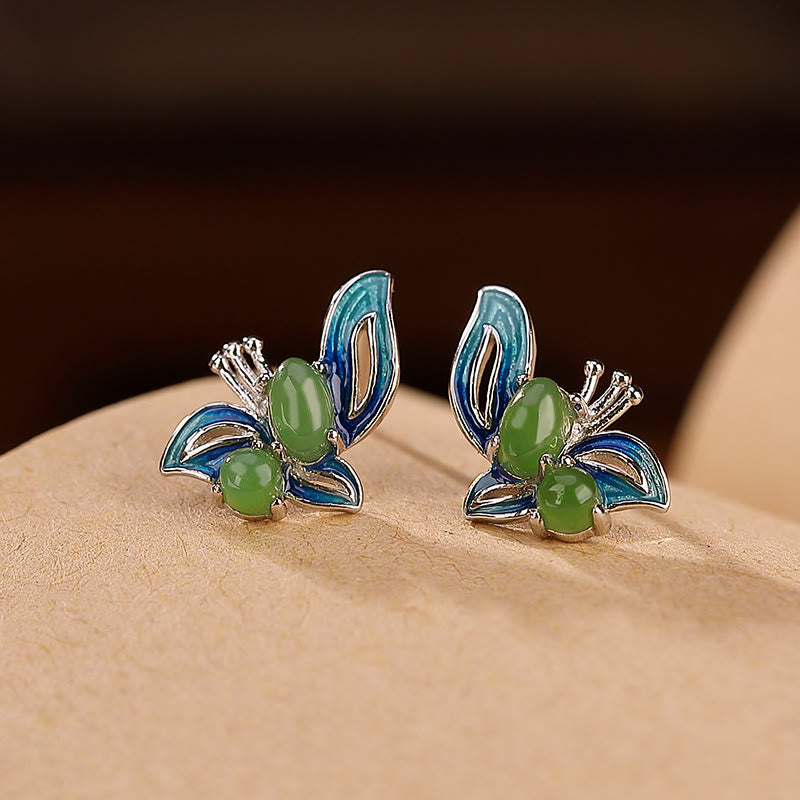 Buddha Stones 925 Sterling Silver Plated Gold Natural Cyan Jade Butterfly Luck Healing Earrings - Silver Blue Butterfly - image 8