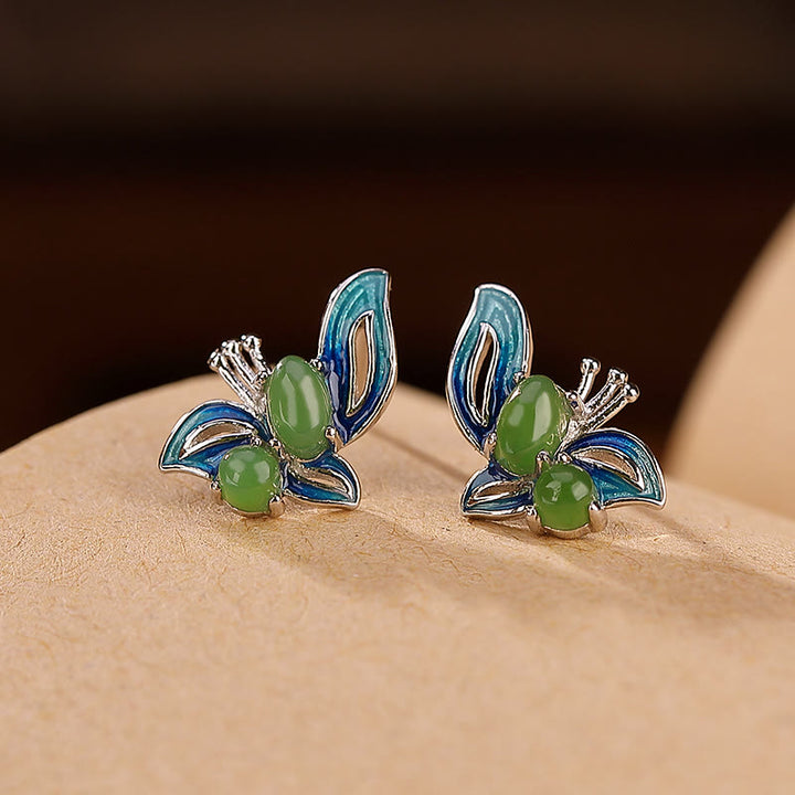 Buddha Stones 925 Sterling Silver Plated Gold Natural Cyan Jade Butterfly Luck Healing Earrings - Silver Blue Butterfly - image 8